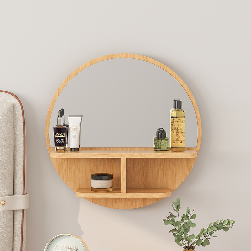 Gương tròn treo tường decor có kệ mỹ phẩm thông minh, gương treo tủ quần áo- GP300.03