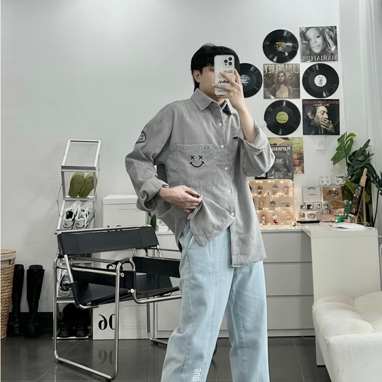 Áo sơ mi nhung tăm tay dài form rộng , cuban shirt basic unisex , sơ mi oversize nam nữ cao cấp - gin store