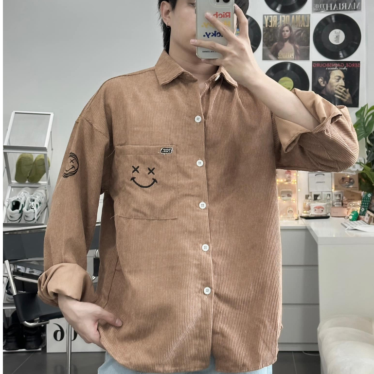 Áo sơ mi nhung tăm tay dài form rộng , cuban shirt basic unisex , sơ mi oversize nam nữ cao cấp - gin store