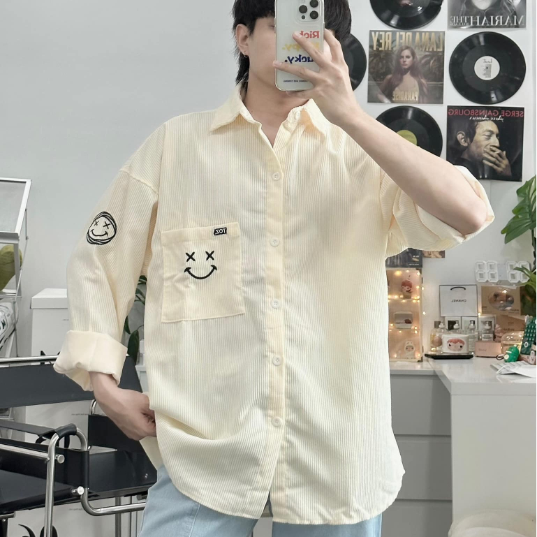 Áo sơ mi nhung tăm tay dài form rộng , cuban shirt basic unisex , sơ mi oversize nam nữ cao cấp - gin store