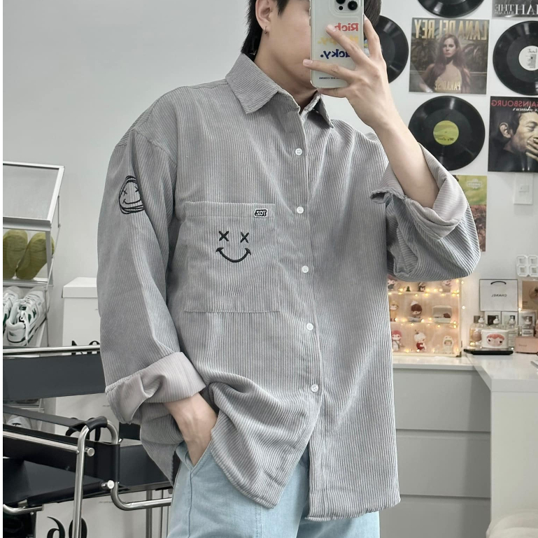 Áo sơ mi nhung tăm tay dài form rộng , cuban shirt basic unisex , sơ mi oversize nam nữ cao cấp - gin store