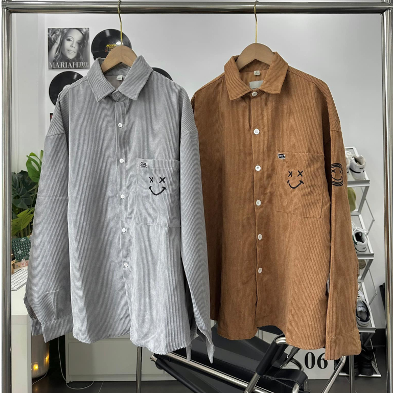 Áo sơ mi nhung tăm tay dài form rộng , cuban shirt basic unisex , sơ mi oversize nam nữ cao cấp - gin store