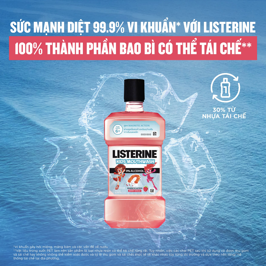 Bộ 3 chai Nước Súc Miệng Listerine Kids Mouthwash with berry shield Dành Riêng Cho Trẻ Trên 6 Tuổi 250ml/chaidi
