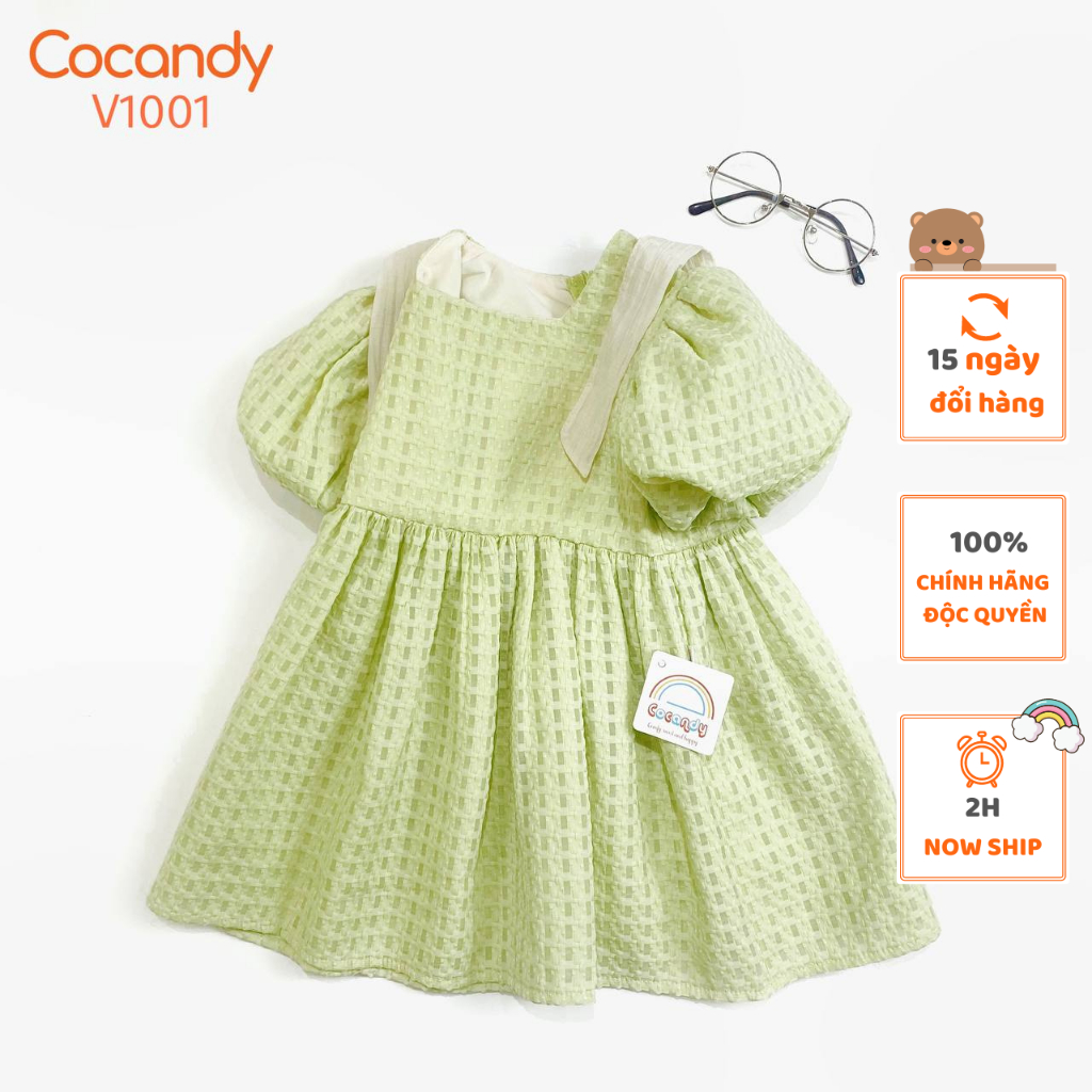 Váy cộc XANH CỐM 2 nơ vai cho bé của COCANDY mã V1001