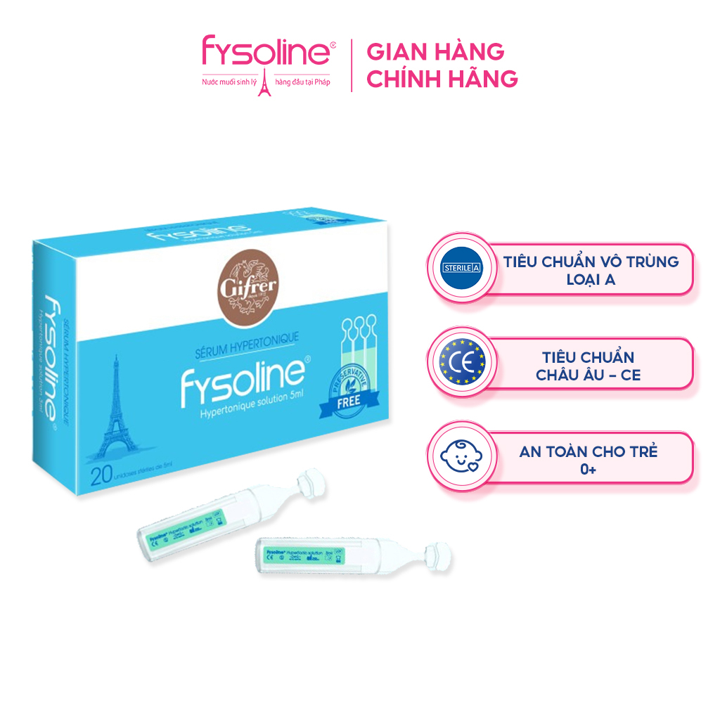 Nước muối ưu trương FYSOLINE hỗ trợ viêm mũi, nghẹt mũi cho bé (Hộp xanh 20 ống x 5ml)