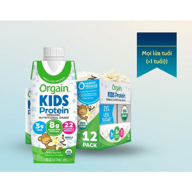 Thùng 12 Hộp Sữa nước Protein hữu cơ Orgain Kids Protein Vị Vani 247ml x 12  - orgnaic milk. Date 09/2024