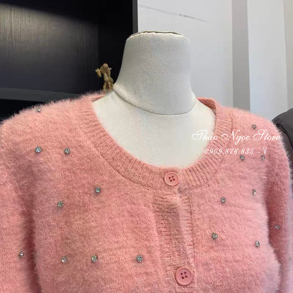 Áo len lông thỏ nữ croptop tay dài cổ tròn đính đá hàng nhập QC!  THẢO NGỌC STORE