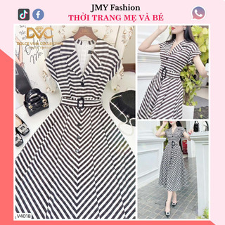V4018 Váy đầm cổ vest đen trắng dáng xòe dài váy xòe kẻ đen trắng công sở