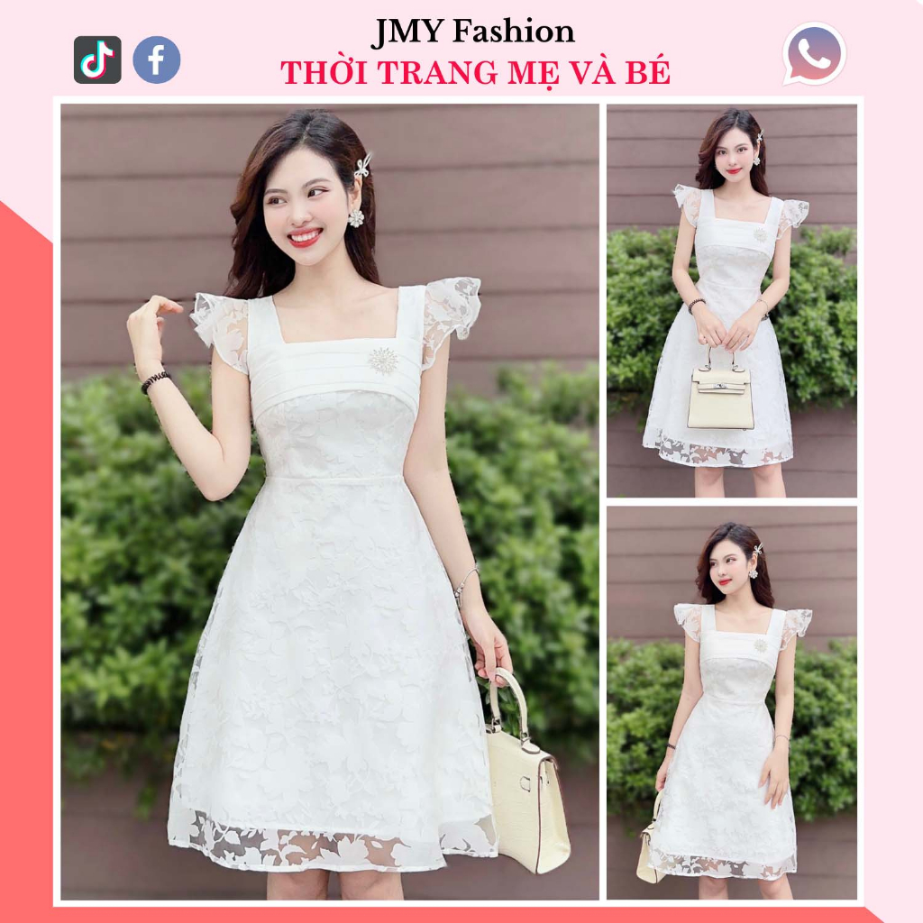 váy hoa voan kính trắng cổ vuông tay cánh tiên (tặng kèm tag cài)