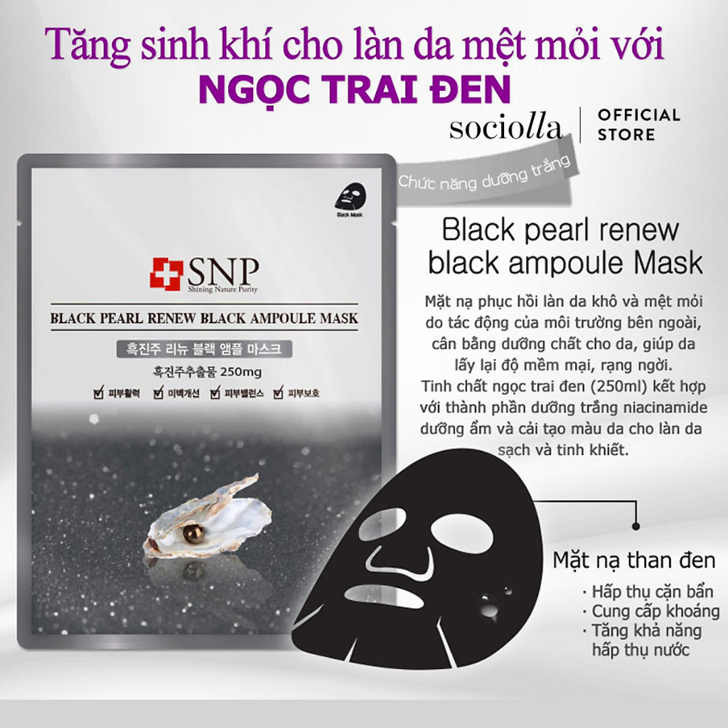 [HSD T4/2024] Mặt Nạ Phục Hồi Hư Tổn Ngọc Trai Đen SNP Black Pearl Renew Black Ampoule Mask 25 ml
