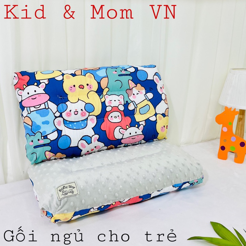 Gối ngủ cho trẻ gối cho bé 2 lớp siêu cải tiến , Gối vải cotton phối nhung mềm mại, Kích thước 33x55cm - 2 LỚP