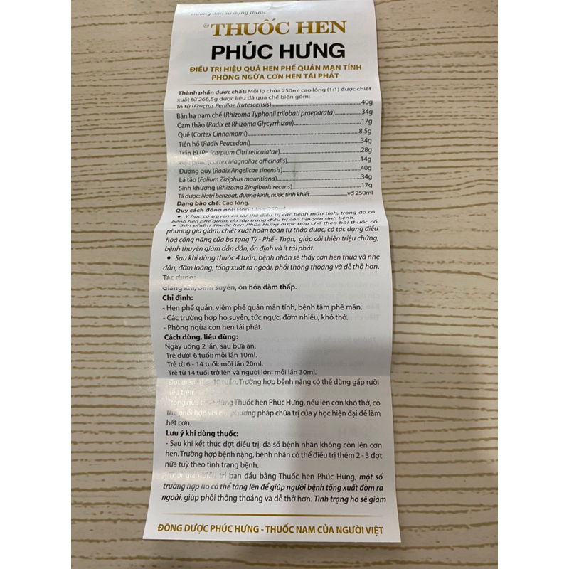HEN PHÚC HƯNG 250ml, HEN PHẾ QUẢN