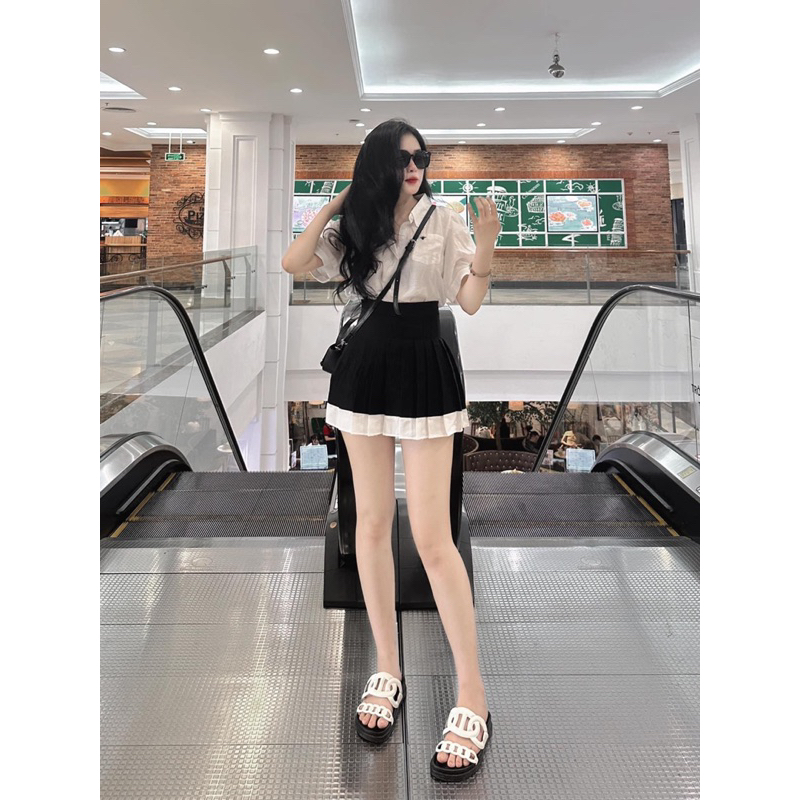SET SƠ MI TRẮNG MIX CHÂN VÁY ĐEN XẾP LY NHẸ