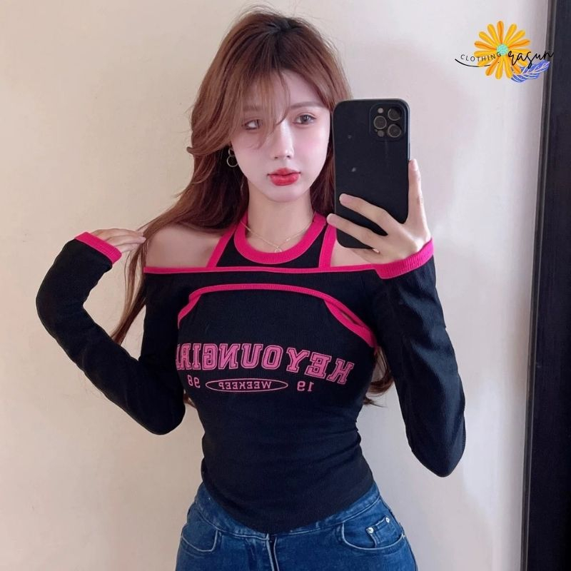 Áo Thun Crotop Nữ Tay Dài Áo Croptop Phối Viền Thun Gân Dày Dặn Trể Vai RASUN
