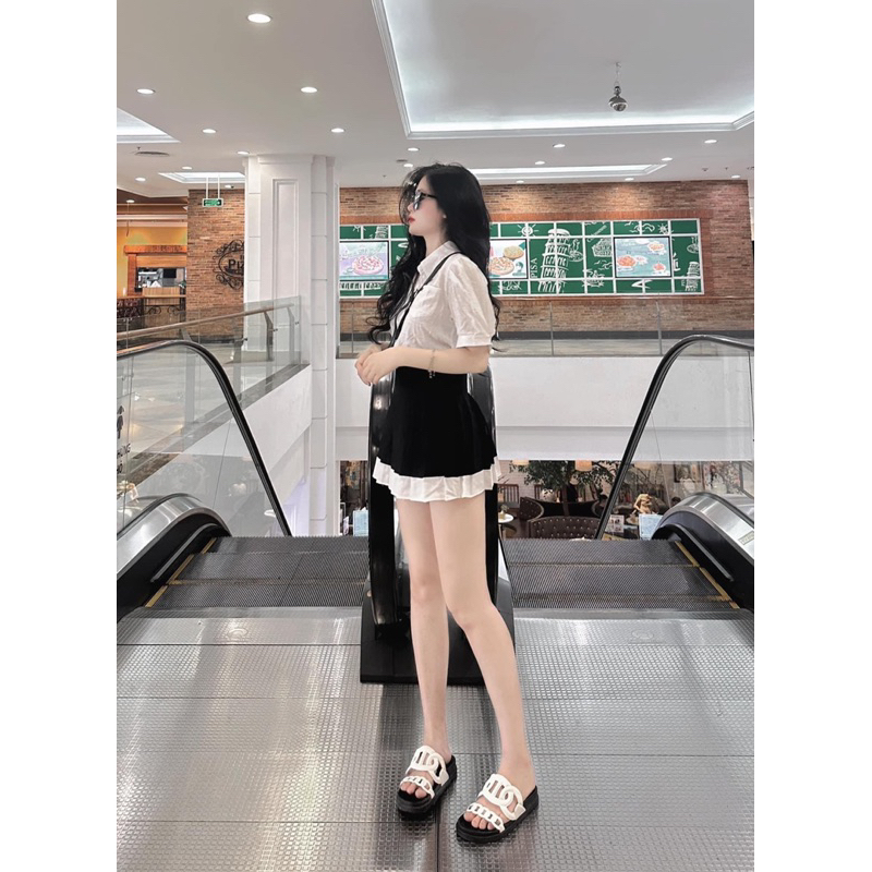SET SƠ MI TRẮNG MIX CHÂN VÁY ĐEN XẾP LY NHẸ