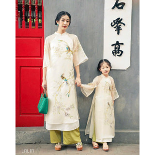 Áo Dài Đôi Cách Tân H&H Áo Dài Tết Mẹ Bé Truyền Thống 4 Tà Vải Organza Cao Cấp Họa Tiết Thêu Đính Kết Nổi May Mắn
