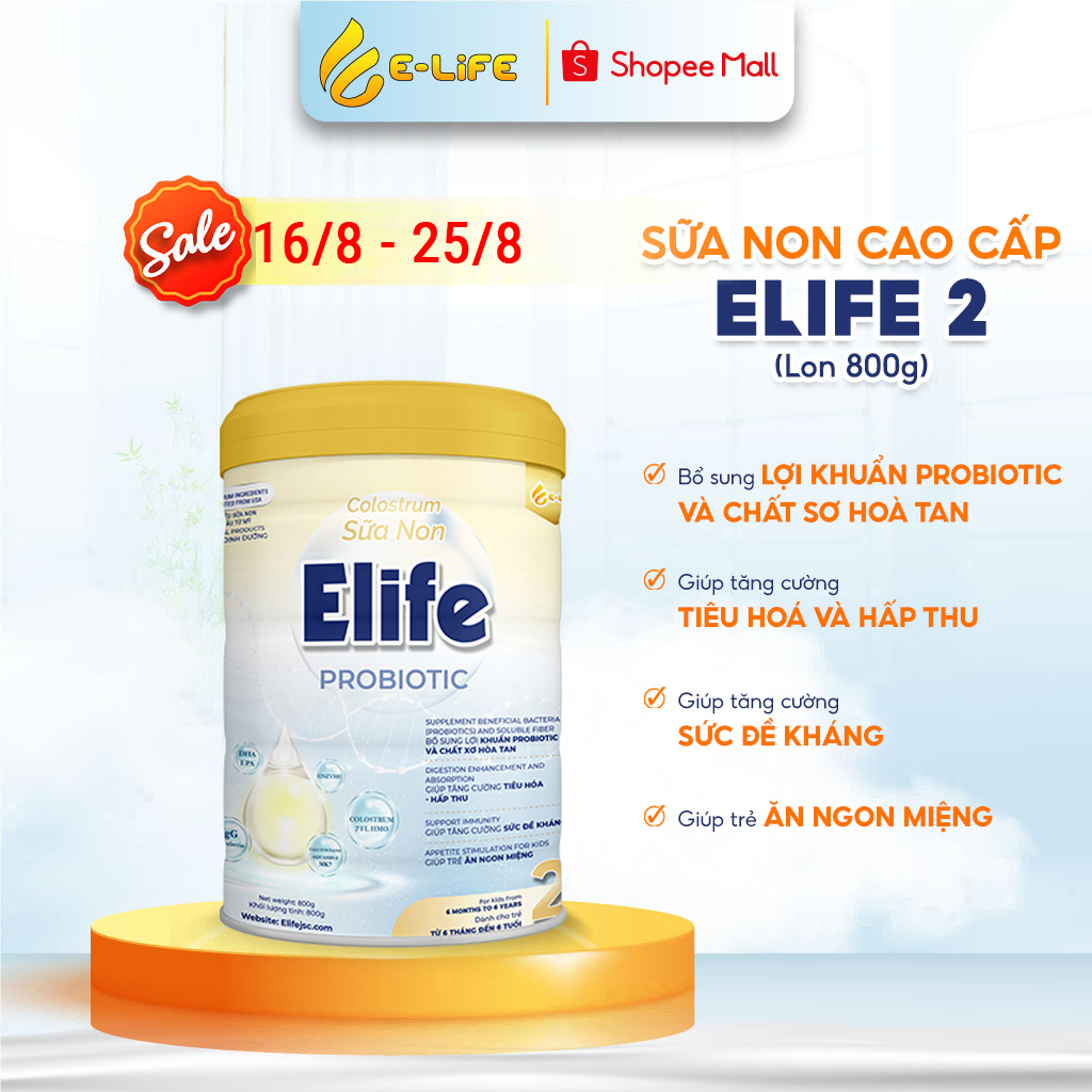 Sữa non cho trẻ từ 1 - 6 tuổi Elife 2 Probiotic giúp tăng cân, hết biếng ăn, thấp còi, tiêu hóa kém dạng lon 800g