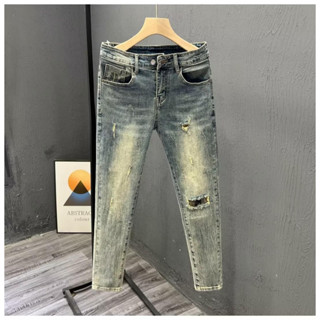 Quần jean nam rách gối co giãn slimfit màu xanh