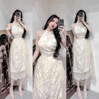 Set áo dài cổ yếm ren hoa nổi cv lưới