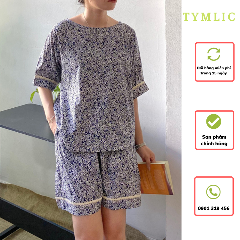 Bộ Thô Mặc Nhà Quần Đùi Họa Tiết Hoa Nhí Màu Navy TYMLIC