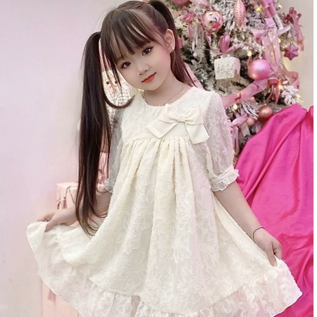Váy cho bé gái Mykids Váy Thiết Kế 2 lớp Lụa tơ cao cấp dáng babydoll màu kem siêu xinh cho từ 8-32kg