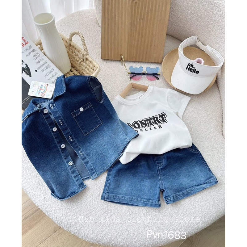 Set Jean+Kèm Áo Thun Cotton Cho Bé Trai, Bé Gái Cực Ngầu Size 10-16kg