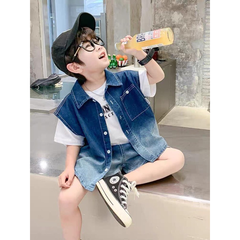 Set Jean+Kèm Áo Thun Cotton Cho Bé Trai, Bé Gái Cực Ngầu Size 10-16kg