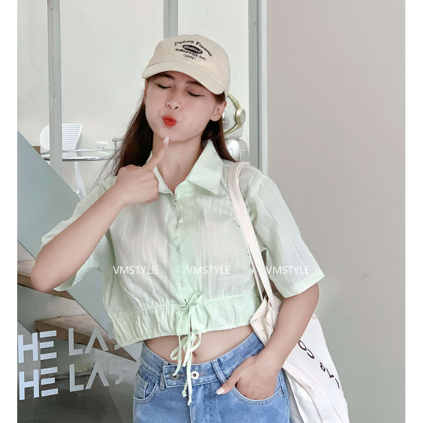 Áo sơ mi nữ croptop VMSTYLE đi biển tay ngắn eo rút sexy thời trang mùa hè 020574 - ASU00010