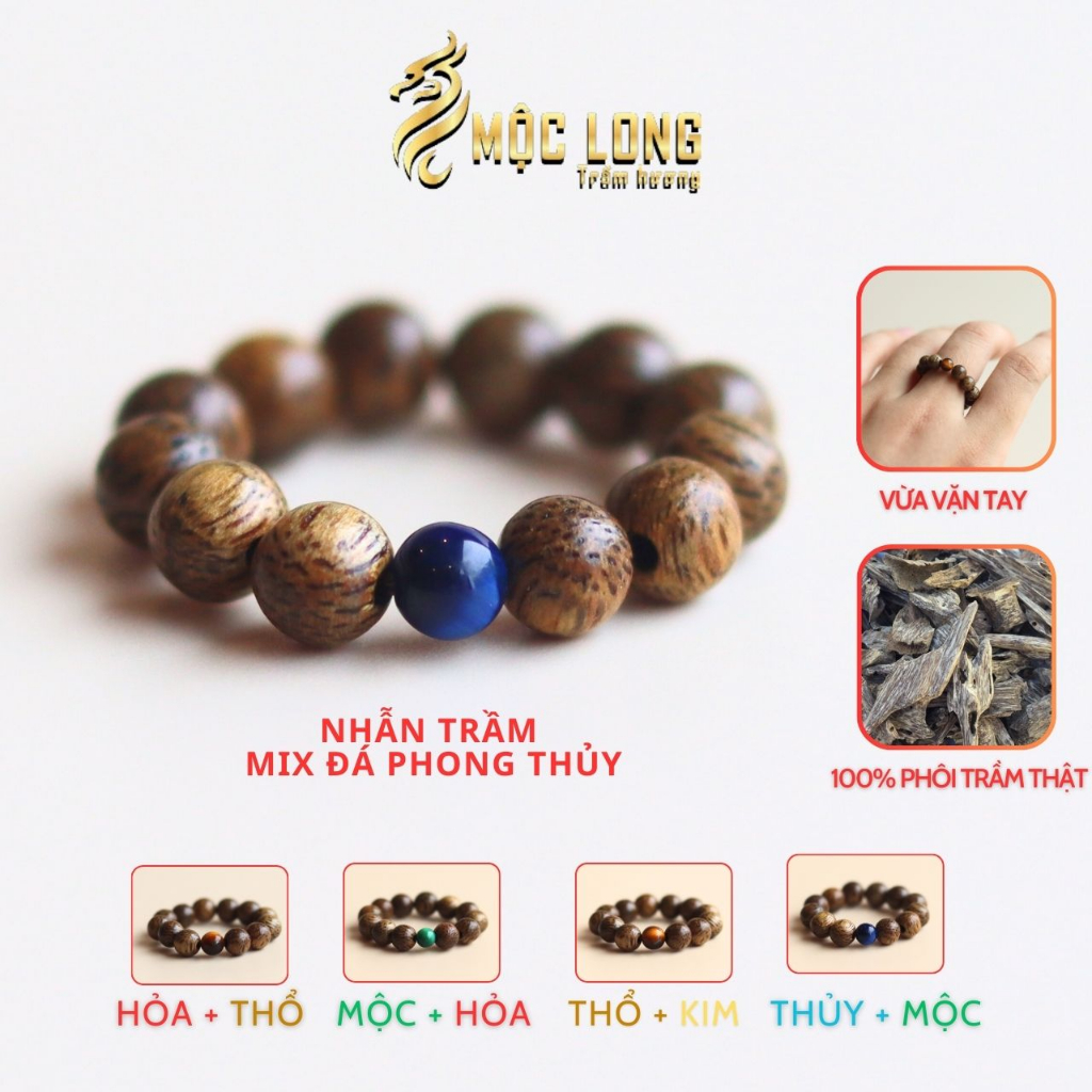 Nhẫn trầm hương mix đá phong thủy Mộc Long Trầm Hương chính hãng chuẩn Trầm Tốc size hạt 4mm