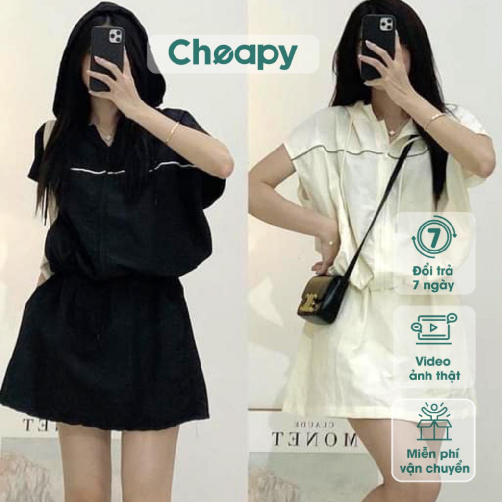 Set áo khoác ba lỗ kèm chân váy có lót viền kẻ đen be Cheapy áo gió 1 lớp tay hến có mũ siêu xinh C1908