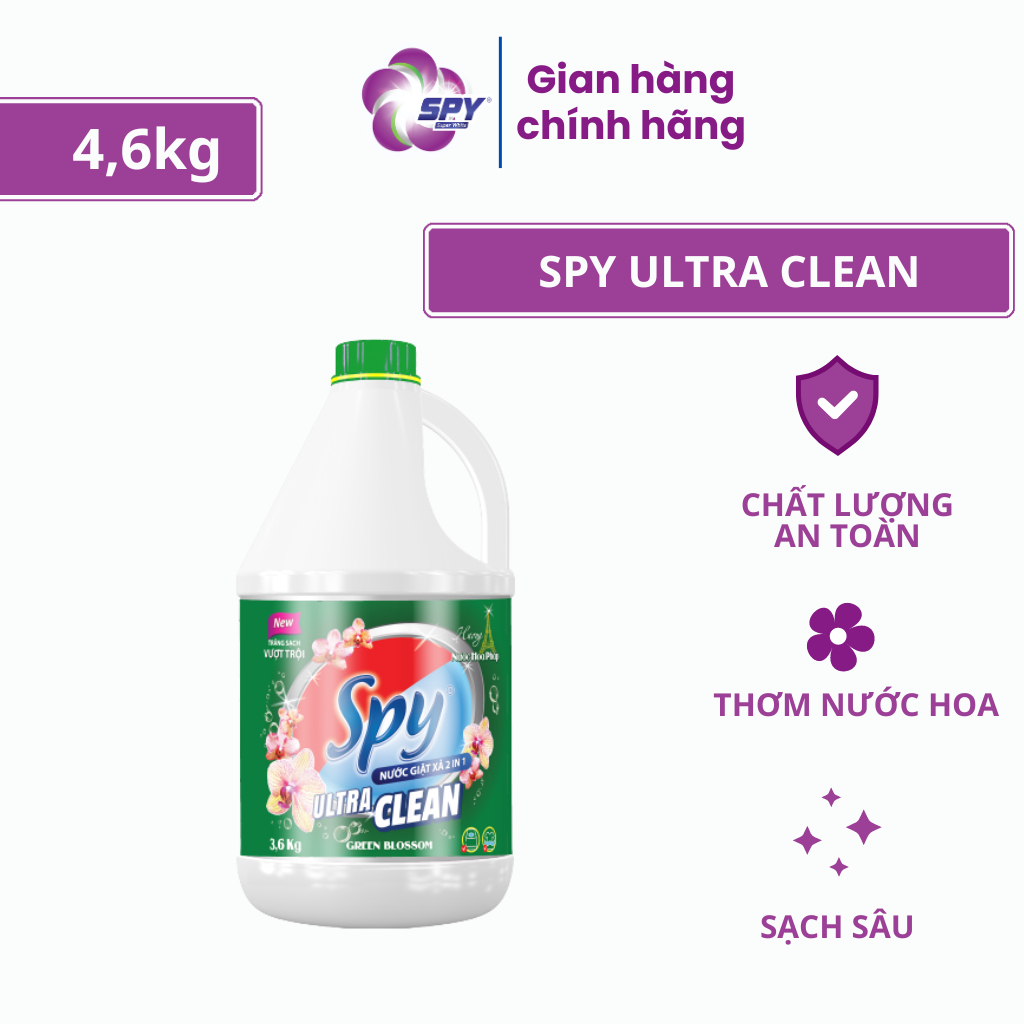 Nước giặt xả SPY 4,6kg 2 trong 1 hương hoa Pháp ULTRA CLEAN trắng sạch vượt trội