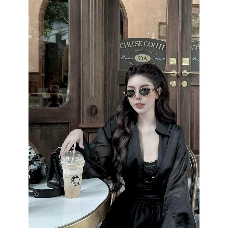 Váy sơ mi tơ 2lớp có chun eo sau đính khuy nấm