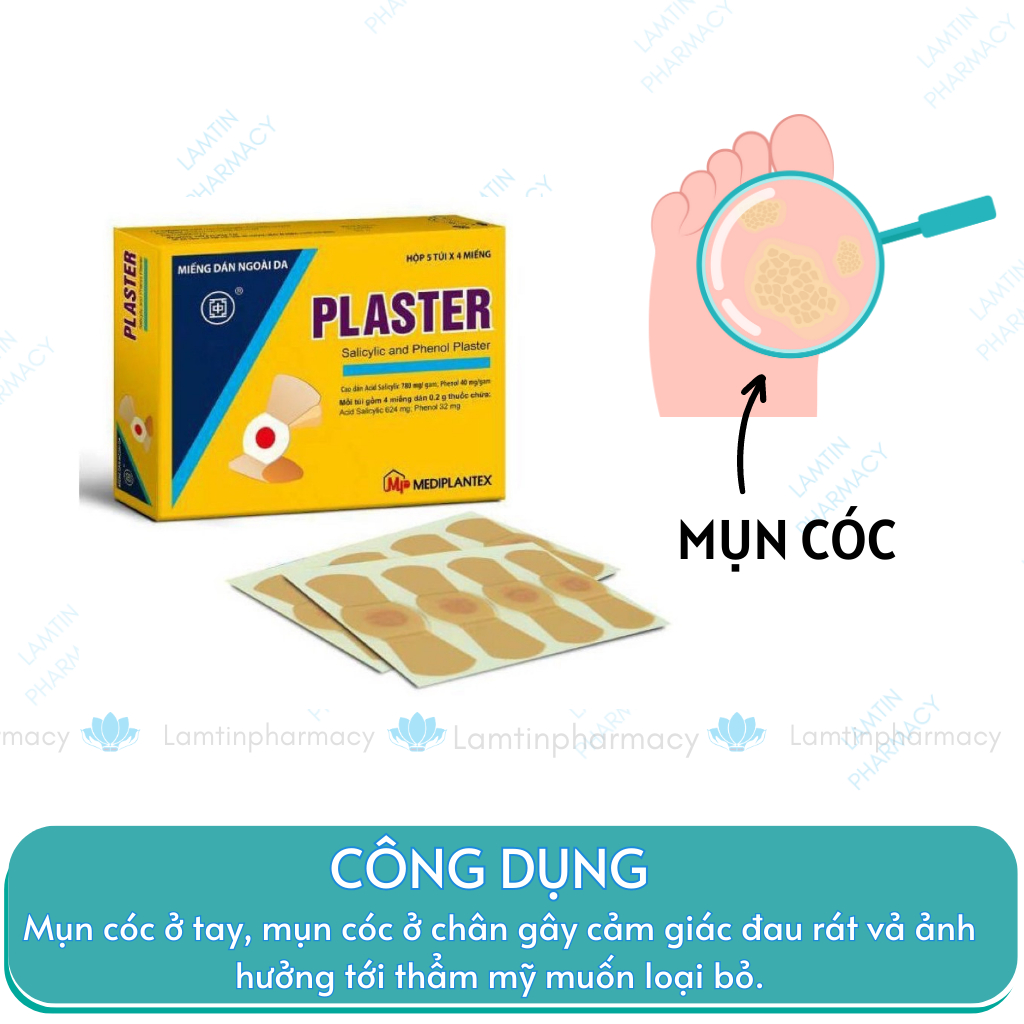 ✔ Plaster Miếng dán mụn cóc mụn cơm trên da ban chân bàn tay hộp 20 miếng