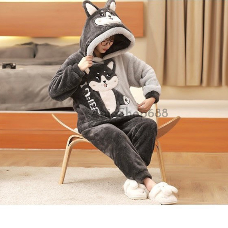 Bộ đồ mặc nhà lông gấu xám kiểu dáng hàn quốc ,bộ ngủ lông cừu siêu ấm mùa đông chất lông mềm mịn 2 mặt mềm tay ANIESHOP