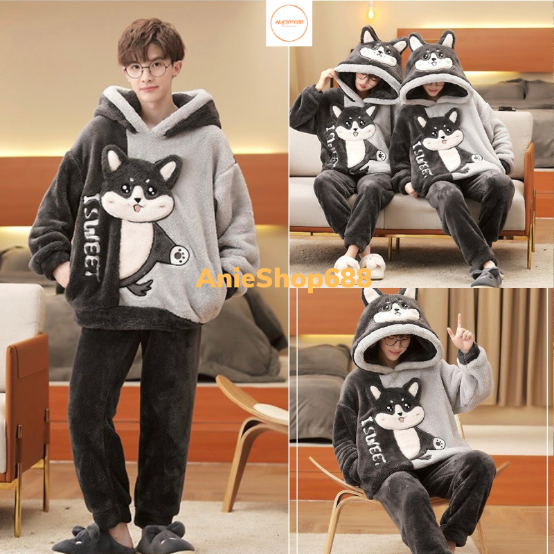 Bộ đồ mặc nhà lông gấu xám kiểu dáng hàn quốc ,bộ ngủ lông cừu siêu ấm mùa đông chất lông mềm mịn 2 mặt mềm tay ANIESHOP