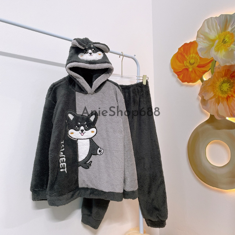 Bộ đồ mặc nhà lông gấu xám kiểu dáng hàn quốc ,bộ ngủ lông cừu siêu ấm mùa đông chất lông mềm mịn 2 mặt mềm tay ANIESHOP