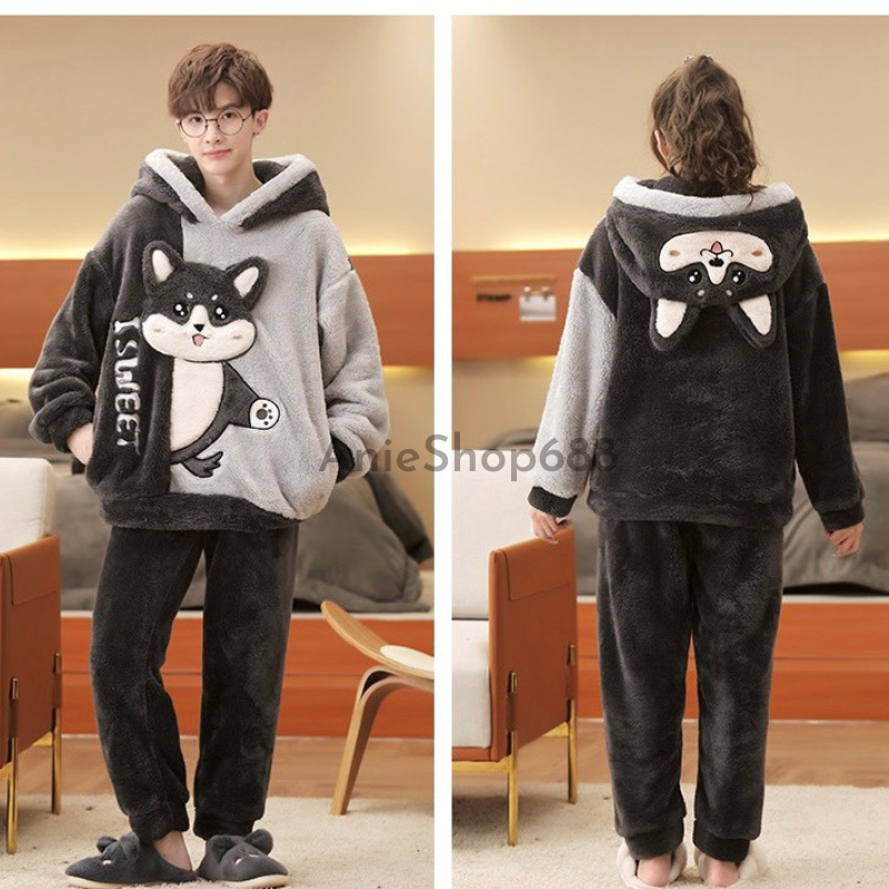 Bộ đồ mặc nhà lông gấu xám kiểu dáng hàn quốc ,bộ ngủ lông cừu siêu ấm mùa đông chất lông mềm mịn 2 mặt mềm tay ANIESHOP