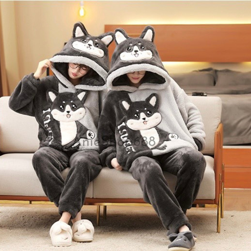 Bộ đồ mặc nhà lông gấu xám kiểu dáng hàn quốc ,bộ ngủ lông cừu siêu ấm mùa đông chất lông mềm mịn 2 mặt mềm tay ANIESHOP