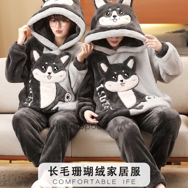 Bộ đồ mặc nhà lông gấu xám kiểu dáng hàn quốc ,bộ ngủ lông cừu siêu ấm mùa đông chất lông mềm mịn 2 mặt mềm tay ANIESHOP