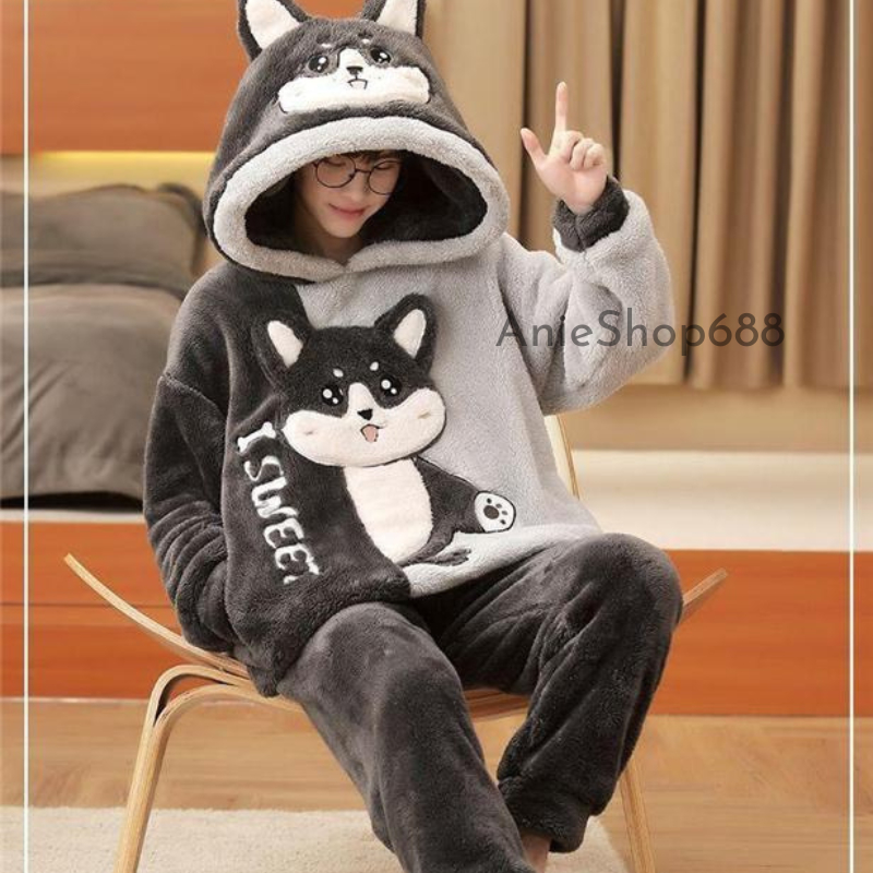 Bộ đồ mặc nhà lông gấu xám kiểu dáng hàn quốc ,bộ ngủ lông cừu siêu ấm mùa đông chất lông mềm mịn 2 mặt mềm tay ANIESHOP