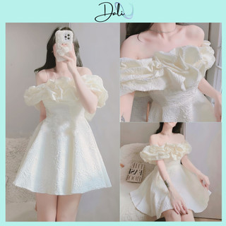 Đầm Hoa Xốp Thiết Kế Trễ Vai Bồng Bềnh, Váy Dự Tiệc Tiểu Thư Sang Chảnh