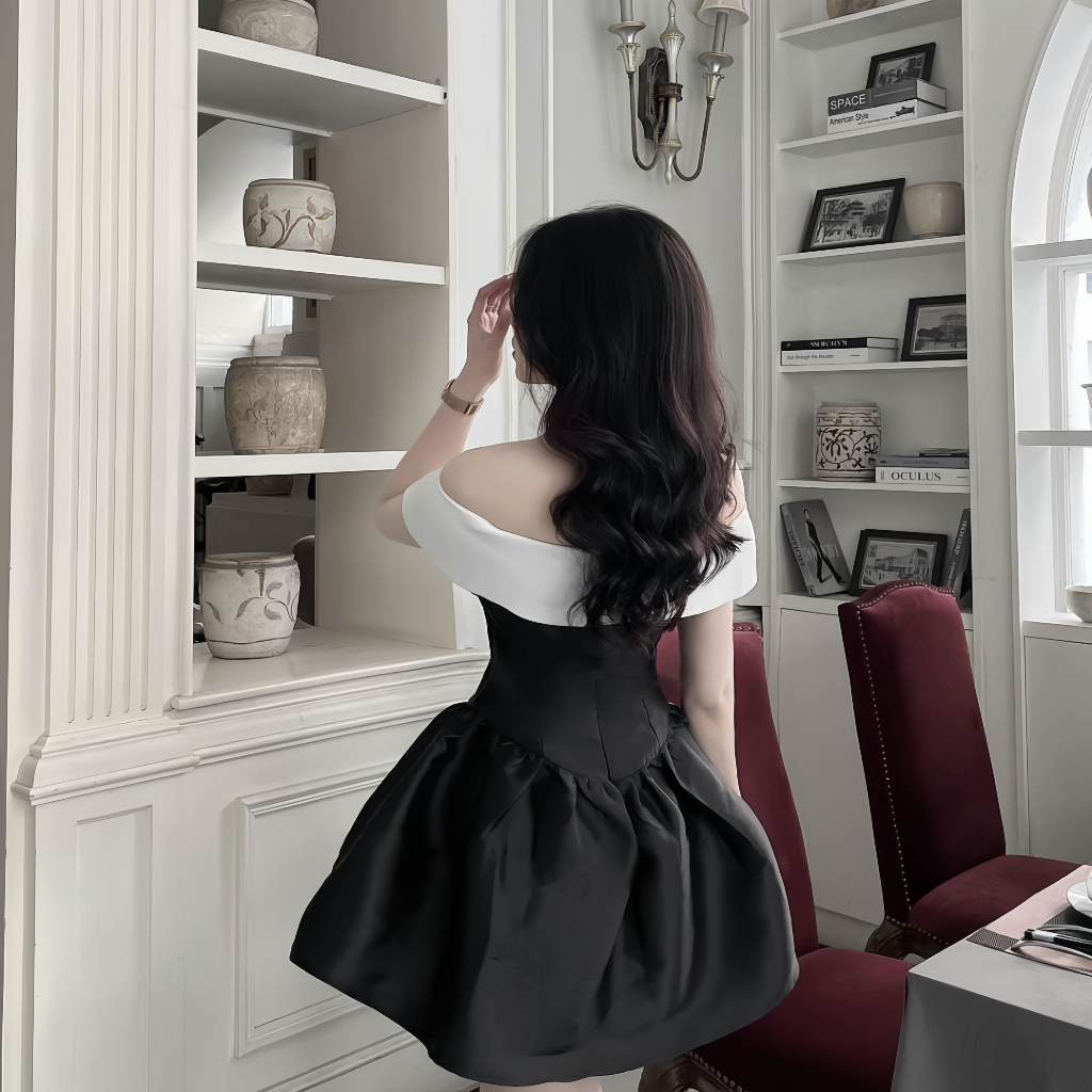 Đầm Thiết Kế Phối Trễ Vai Đính Nơ Cổ, Váy Dự Tiệc Chất Liệu Tafta Tiểu Thư