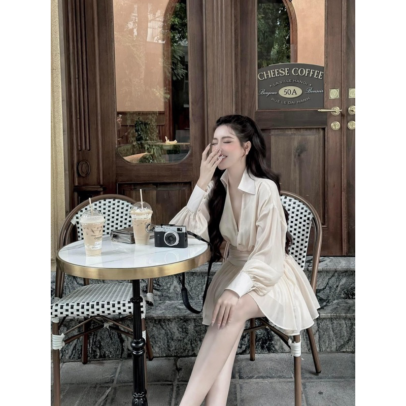 Váy sơ mi tơ 2lớp có chun eo sau đính khuy nấm