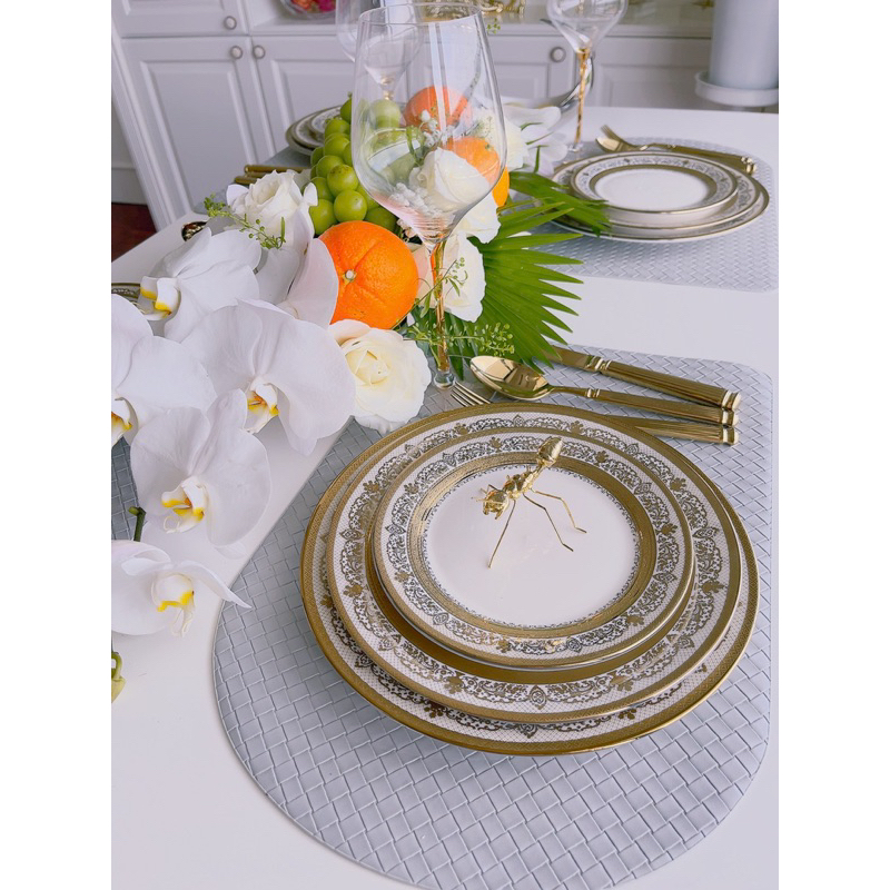 Bộ bát và đĩa phong cách Bắc Âu sang trọng, viền vàng,ăn tiệc cao cấp, để salad, ăn chính, bát soup