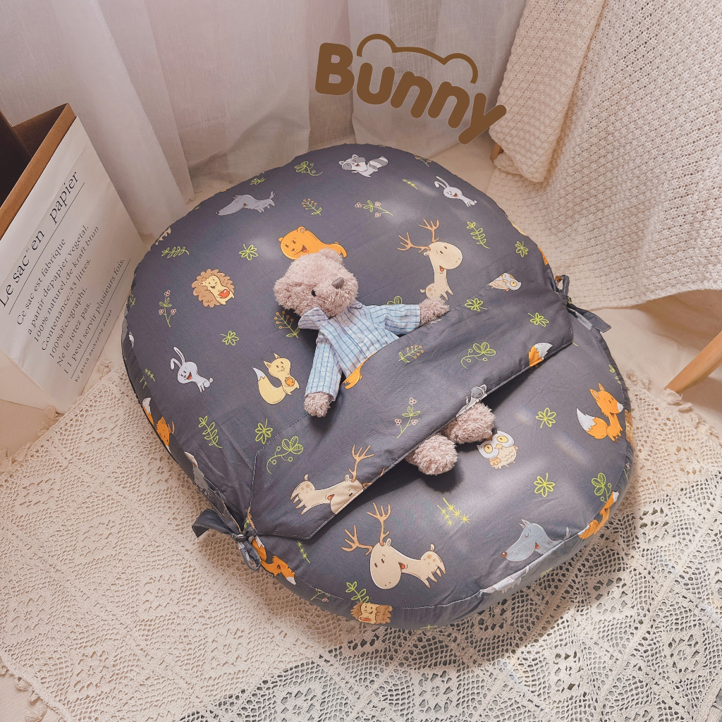 Gối chống trào ngược cho bé KidAndMom Bunny vải Cotton Hàn có đai chống giật mình, nôn trớ cho bé sơ sinh