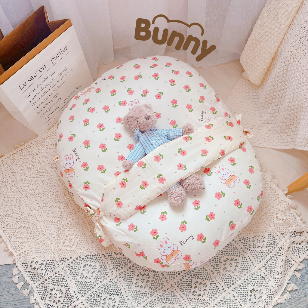 Gối chống trào ngược cho bé KidAndMom Bunny vải Cotton Hàn có đai chống giật mình, nôn trớ cho bé sơ sinh