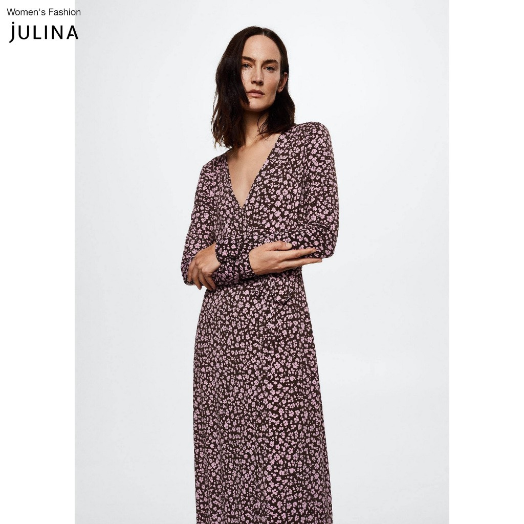 Đầm thun thắt dây cổ chữ v hoa nhí màu tím MNG dư sz S