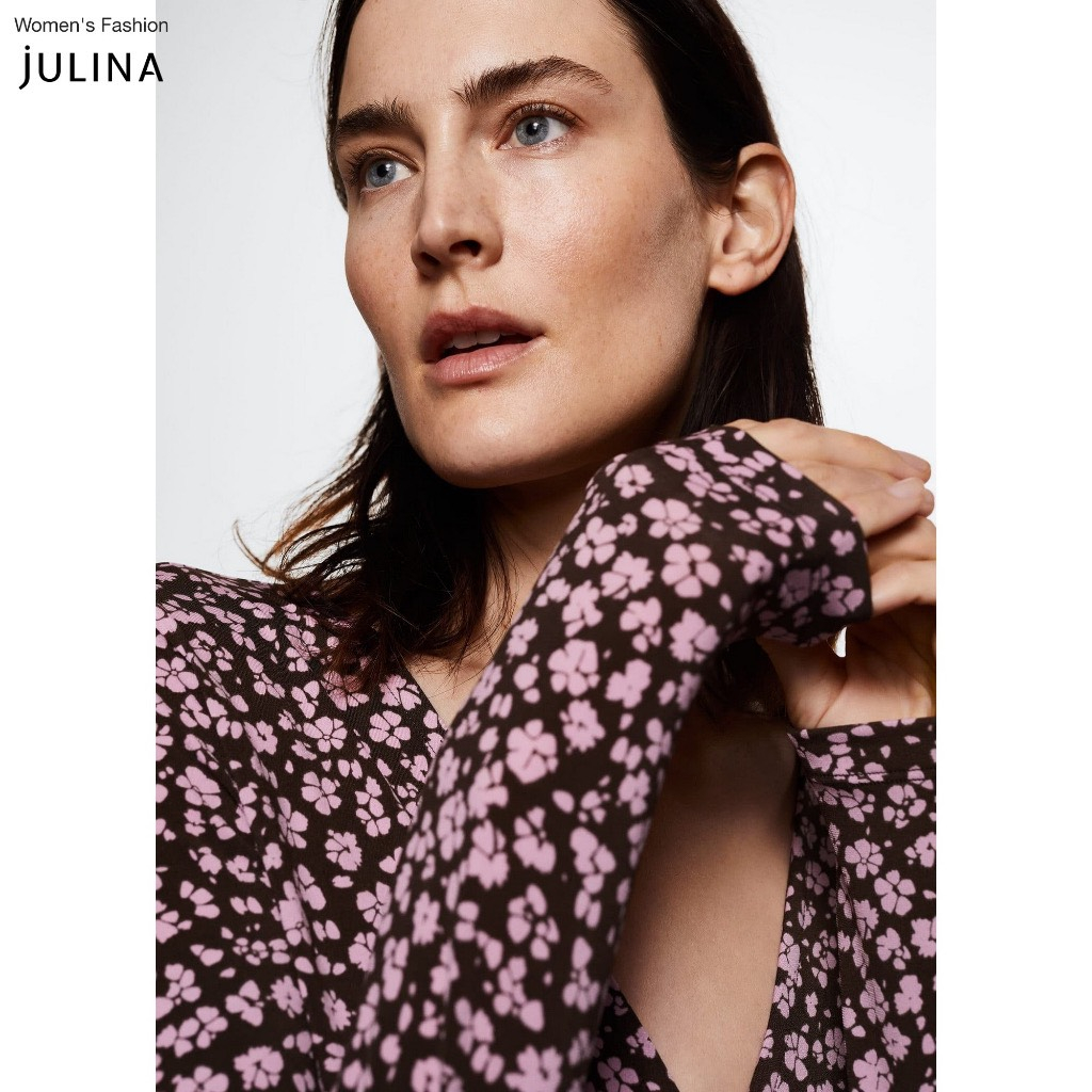 Đầm thun thắt dây cổ chữ v hoa nhí màu tím MNG dư sz S