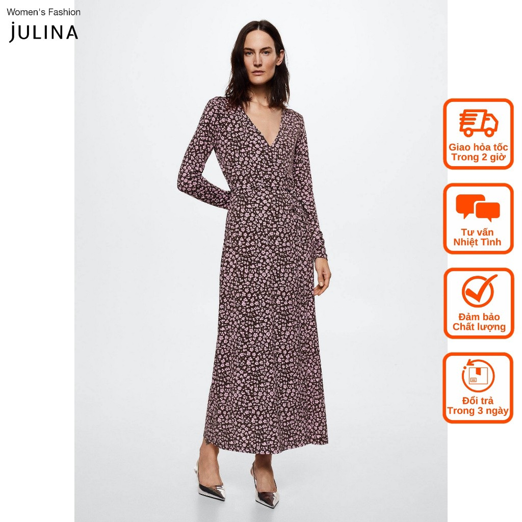 Đầm thun thắt dây cổ chữ v hoa nhí màu tím MNG dư sz S