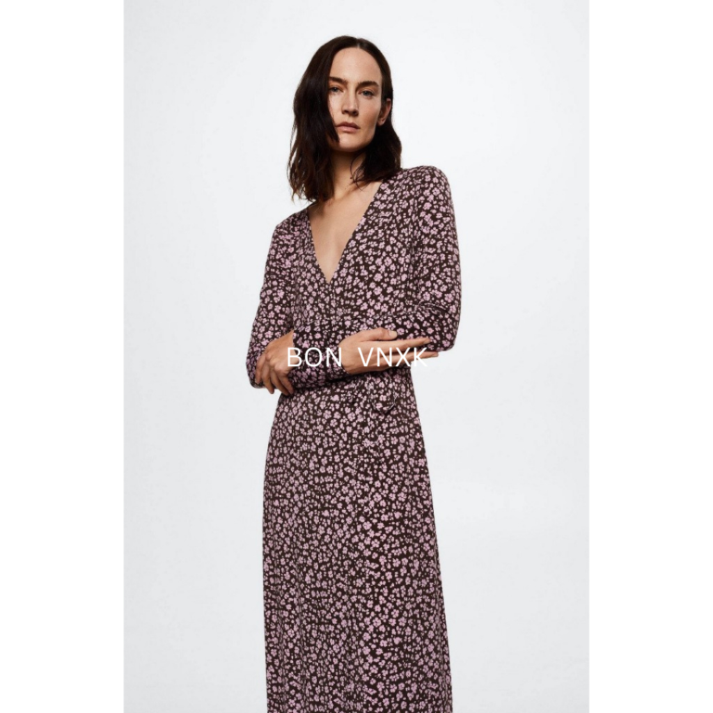 Đầm thun thắt dây cổ chữ v hoa nhí màu tím MNG dư sz S